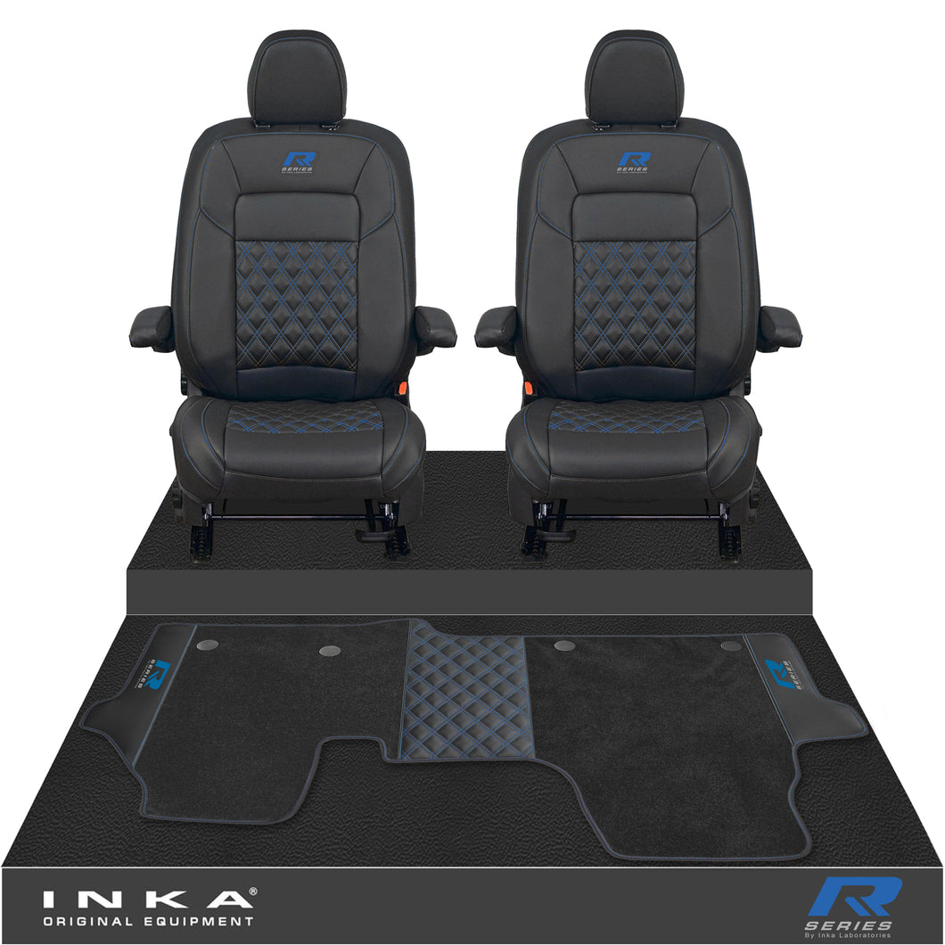New VW Transporter T7 Panel Van INKA Front Bentley Leatherette Tailored Seat Covers & Matching Tailored Floor Mat Black MY25 Onwards