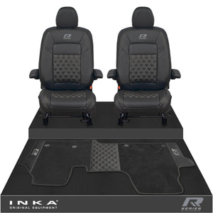 New VW Transporter T7 Panel Van INKA Front Bentley Leatherette Tailored Seat Covers & Matching Tailored Floor Mat Black MY25 Onwards