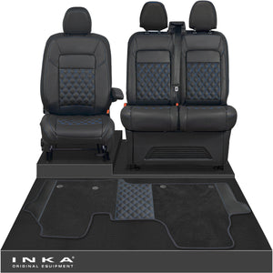 New VW Transporter T7 Panel Van INKA Front Bentley Leatherette Tailored Seat Covers & Matching Tailored Floor Mat Black MY25 Onwards