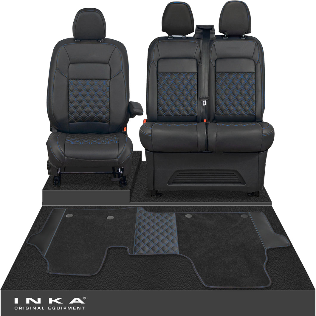 New VW Transporter T7 Panel Van INKA Front Bentley Leatherette Tailored Seat Covers & Matching Tailored Floor Mat Black MY25 Onwards