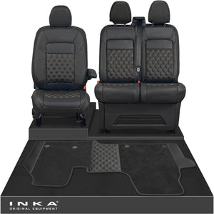 New VW Transporter T7 Panel Van INKA Front Bentley Leatherette Tailored Seat Covers & Matching Tailored Floor Mat Black MY25 Onwards