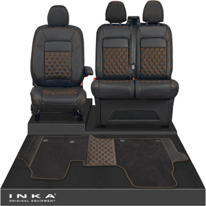 New VW Transporter T7 Panel Van INKA Front Bentley Leatherette Tailored Seat Covers & Matching Tailored Floor Mat Black MY25 Onwards