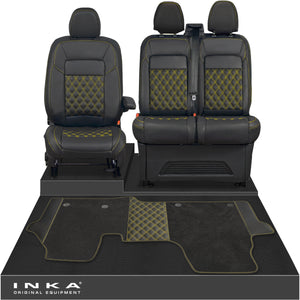 New VW Transporter T7 Panel Van INKA Front Bentley Leatherette Tailored Seat Covers & Matching Tailored Floor Mat Black MY25 Onwards