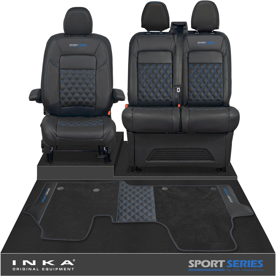 New VW Transporter T7 Panel Van INKA Front Bentley Leatherette Tailored Seat Covers & Matching Tailored Floor Mat Black MY25 Onwards