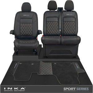 New VW Transporter T7 Panel Van INKA Front Bentley Leatherette Tailored Seat Covers & Matching Tailored Floor Mat Black MY25 Onwards