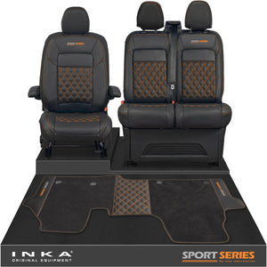 New VW Transporter T7 Panel Van INKA Front Bentley Leatherette Tailored Seat Covers & Matching Tailored Floor Mat Black MY25 Onwards