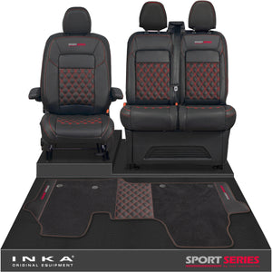 New VW Transporter T7 Panel Van INKA Front Bentley Leatherette Tailored Seat Covers & Matching Tailored Floor Mat Black MY25 Onwards