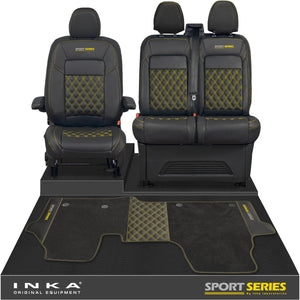 New VW Transporter T7 Panel Van INKA Front Bentley Leatherette Tailored Seat Covers & Matching Tailored Floor Mat Black MY25 Onwards