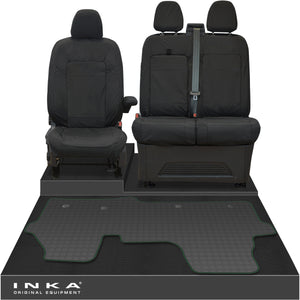 New VW Transporter T7 Panel Van INKA Front Set Tailored Waterproof Seat Covers & Tailored Rubber Mat Black MY25 Onwards