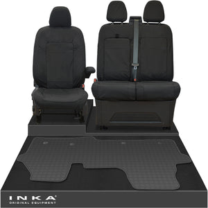 New VW Transporter T7 Panel Van INKA Front Set Tailored Waterproof Seat Covers & Tailored Rubber Mat Black MY25 Onwards