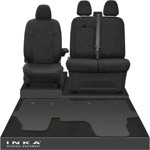 New VW Transporter T7 Panel Van INKA Front Set Tailored Waterproof Seat Covers & Tailored Rubber Mat Black MY25 Onwards