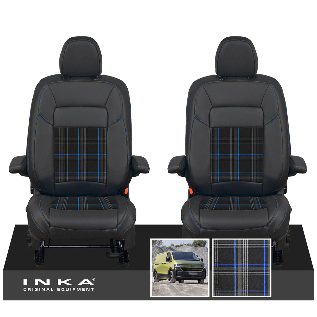New VW Transporter T7 Panel Van INKA Front Leatherette Tartan Tailored Seat Covers Set Black MY25 Onwards