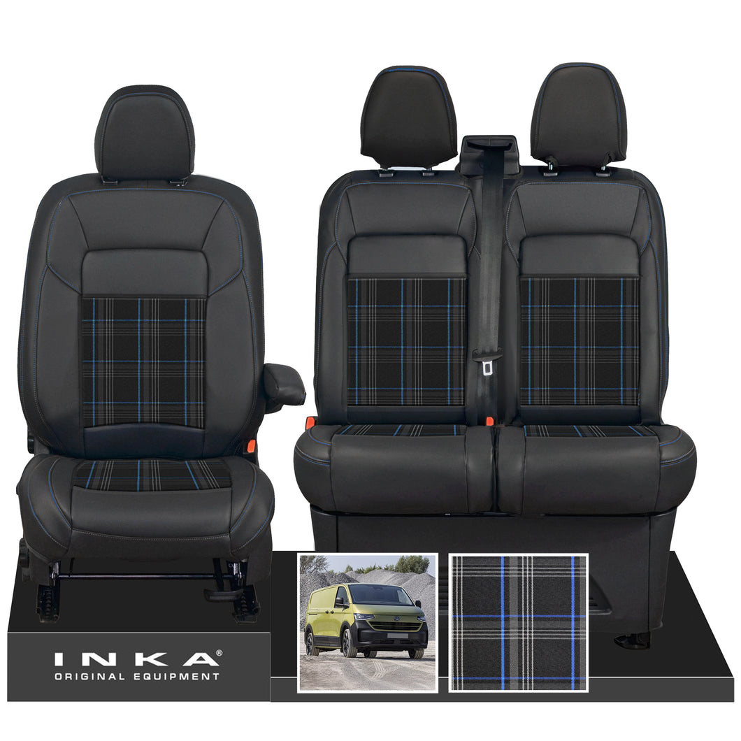 New VW Transporter T7 Panel Van INKA Front Leatherette Tartan Tailored Seat Covers Set Black MY25 Onwards