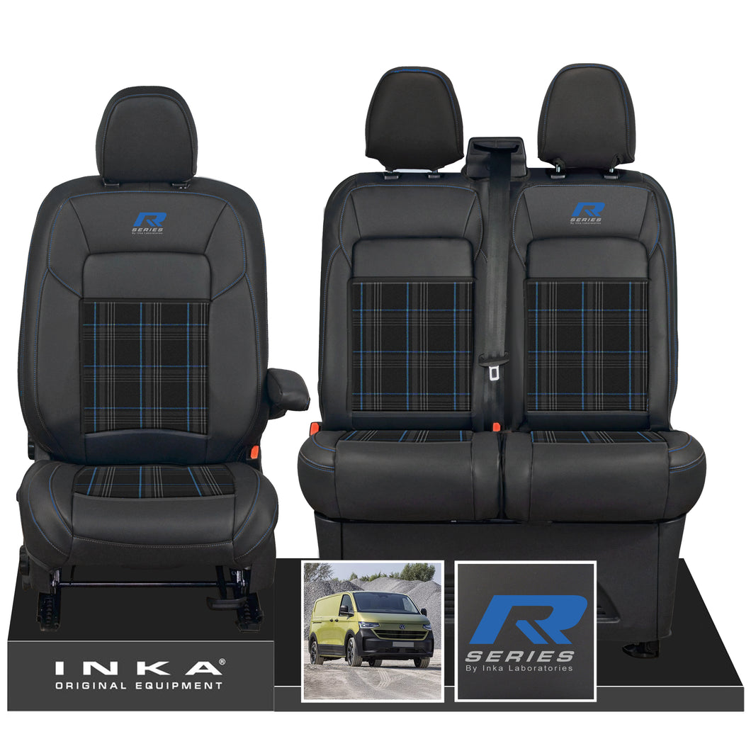 New VW Transporter T7 Panel Van INKA Front Leatherette Tartan Tailored Seat Cover Set Black MY25 Onwards