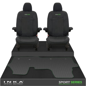 New VW Transporter T7 Panel Van INKA Front Set Tailored Waterproof Seat Covers & Tailored Rubber Mat Black MY25 Onwards