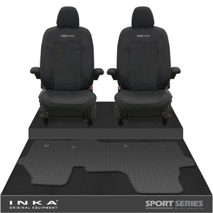 New VW Transporter T7 Panel Van INKA Front Set Tailored Waterproof Seat Covers & Tailored Rubber Mat Black MY25 Onwards