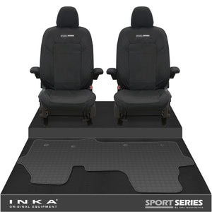 New VW Transporter T7 Panel Van INKA Front Set Tailored Waterproof Seat Covers & Tailored Rubber Mat Black MY25 Onwards
