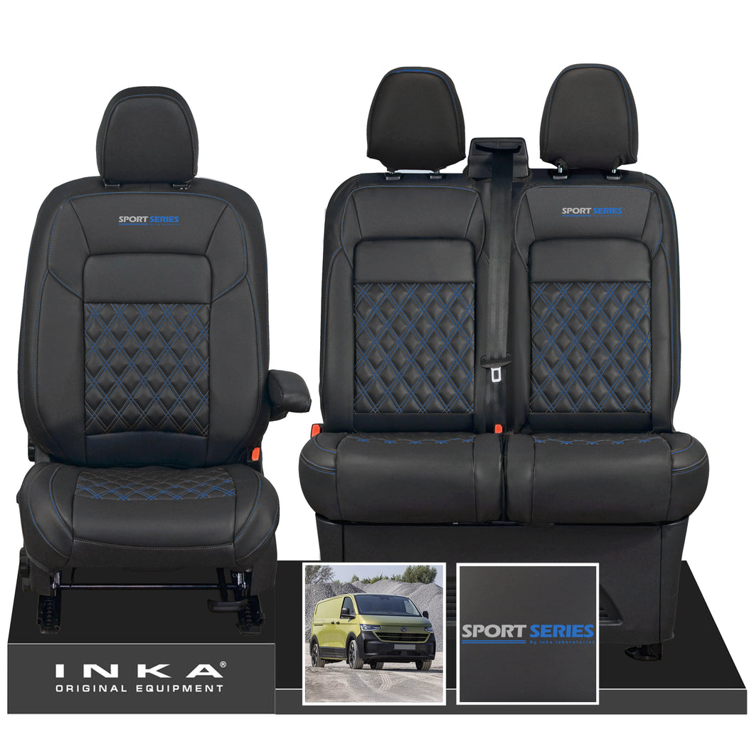 New VW Transporter T7 Panel Van INKA Front Bentley Leatherette Tailored Seat Cover Set Black MY25 Onwards