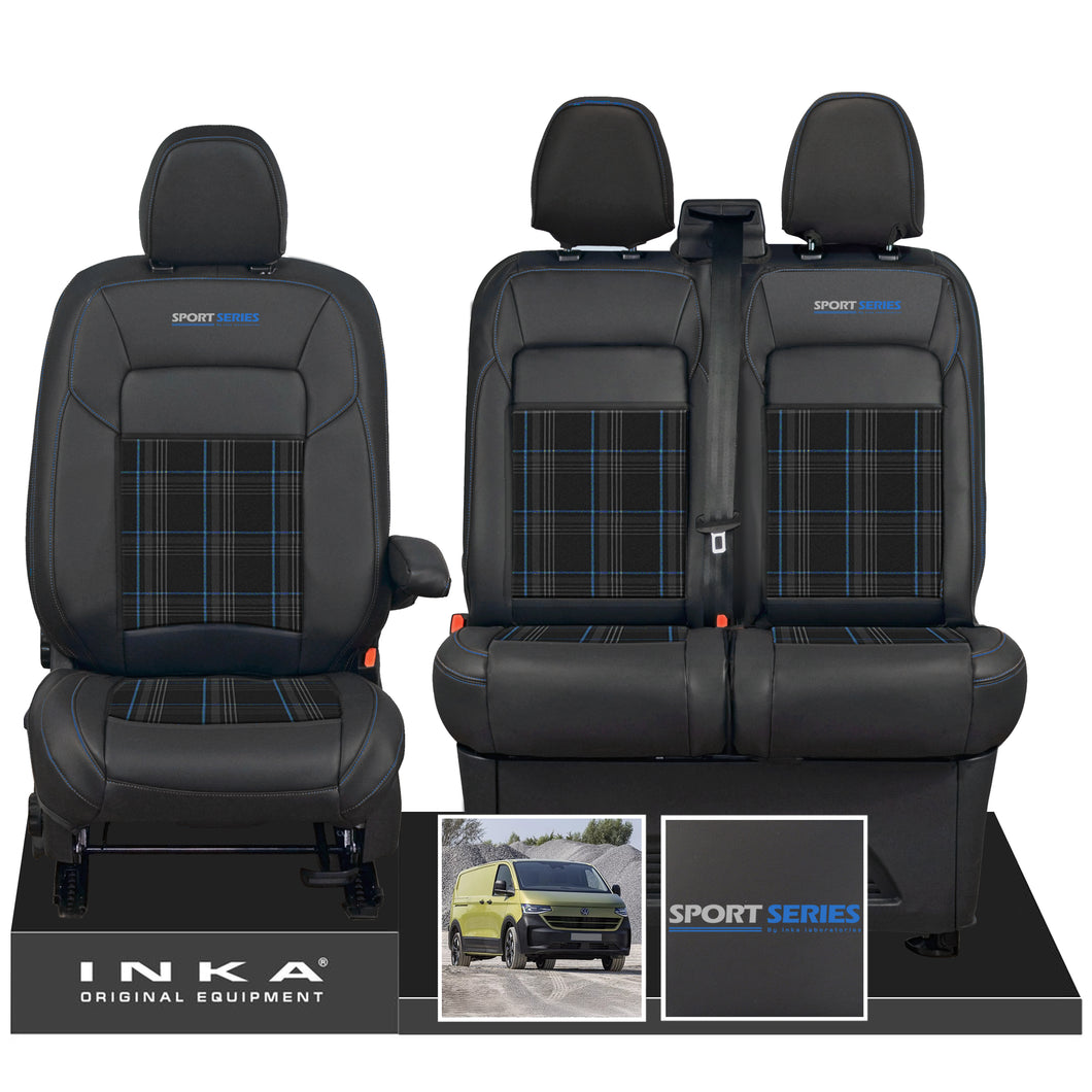 New VW Transporter T7 Panel Van INKA Front Leatherette Tartan Tailored Seat Cover Set Black MY25 Onwards