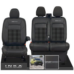 New VW Transporter T7 Panel Van INKA Front Leatherette Tartan Tailored Seat Cover Set Black MY25 Onwards