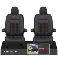 New VW Transporter T7 Panel Van INKA Front Leatherette Tartan Tailored Seat Cover Set Black MY25 Onwards - Sport-Series Embroidery