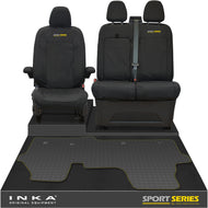 New VW Transporter T7 Panel Van INKA Front Set Tailored Waterproof Seat Covers & Tailored Rubber Mat Black MY25 Onwards - Sport-Series Embroidery