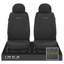 Load image into Gallery viewer, Land Rover Defender Front Set L316 INKA Tailored Waterproof Sear Covers Black-  Fits 90/110- MY-07-16 With Bespoke Balmoral Edition Embroidery
