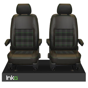 INKA Tailored VW Transporter T6, T6.1 & T5.1 Front Seat Covers Black 1+1 Matt Leatherette with coloured GTi Tartan Centres Fits Panel Van & Kombi