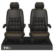 Load image into Gallery viewer, INKA Tailored VW Transporter T6, T6.1 &amp; T5.1 Front Seat Covers Black 1+1 Matt Leatherette with coloured GTi Tartan Centres Fits Panel Van &amp; Kombi
