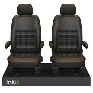 INKA Tailored VW Transporter T6, T6.1 & T5.1 Front Seat Covers Black 1+1 Matt Leatherette with coloured GTi Tartan Centres Fits Panel Van & Kombi