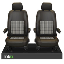 Load image into Gallery viewer, INKA Tailored VW Transporter T6, T6.1 &amp; T5.1 Front Seat Covers Black 1+1 Matt Leatherette with coloured GTi Tartan Centres Fits Panel Van &amp; Kombi
