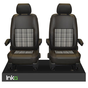 INKA Tailored VW Transporter T6, T6.1 & T5.1 Front Seat Covers Black 1+1 Matt Leatherette with coloured GTi Tartan Centres Fits Panel Van & Kombi