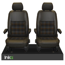 Load image into Gallery viewer, INKA Tailored VW Transporter T6, T6.1 &amp; T5.1 Front Seat Covers Black 1+1 Matt Leatherette with coloured GTi Tartan Centres Fits Panel Van &amp; Kombi
