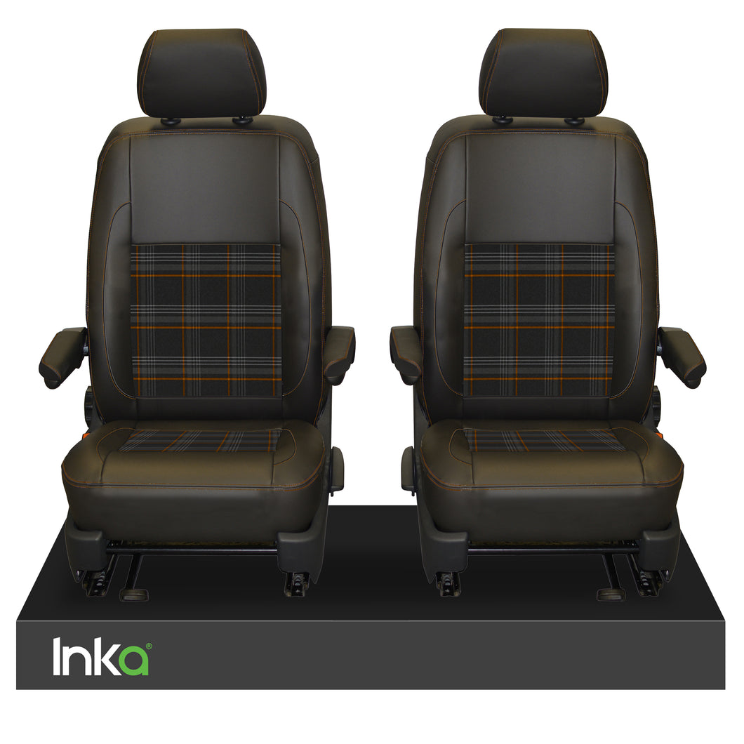 INKA Tailored VW Transporter T6, T6.1 & T5.1 Front Seat Covers Black 1+1 Matt Leatherette with coloured GTi Tartan Centres Fits Panel Van & Kombi