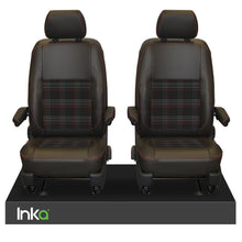 Load image into Gallery viewer, INKA Tailored VW Transporter T6, T6.1 &amp; T5.1 Front Seat Covers Black 1+1 Matt Leatherette with coloured GTi Tartan Centres Fits Panel Van &amp; Kombi
