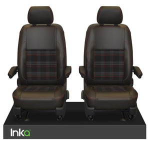 INKA Tailored VW Transporter T6, T6.1 & T5.1 Front Seat Covers Black 1+1 Matt Leatherette with coloured GTi Tartan Centres Fits Panel Van & Kombi