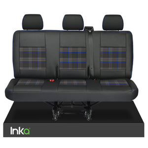 VW Transporter T6,T5 Rear Triple Seat Covers Black Matt Leatherette with coloured GTi Tartan Centres