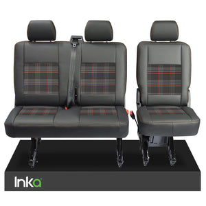 VW Transporter T5, T5.1 Rear 2+1 INKA Tailored Matt Black Leatherette Covers with GTi Tartan Centres